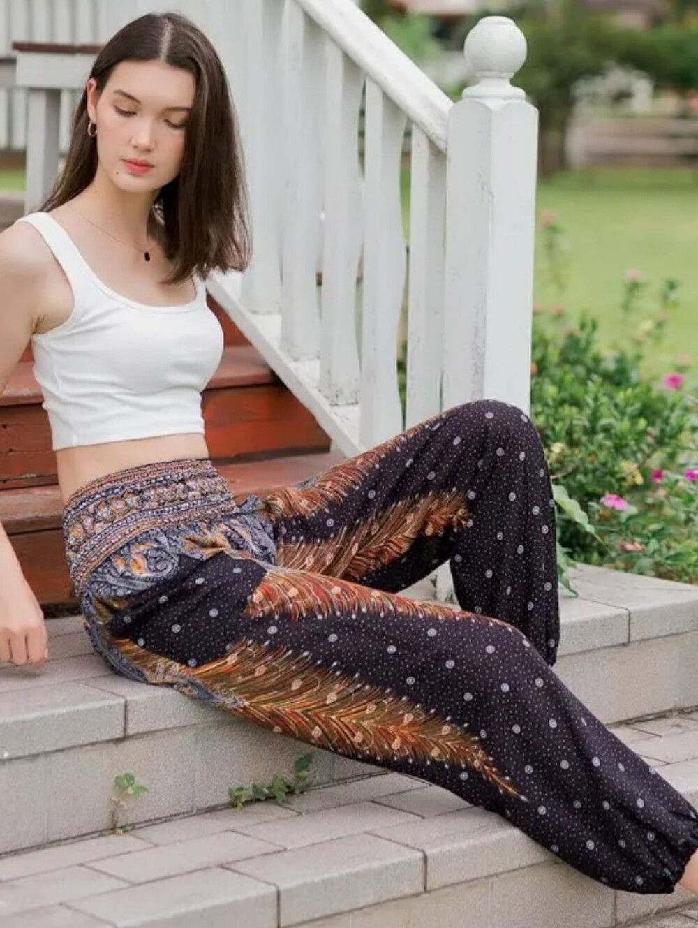 BANJAMATH Boho Chic Harem Pants- Relaxed, Peacock Feather Print. Size XL